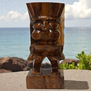 Vintage Tiki Warrior Chief 6" Carved Wood Hawaii Hawaiian Statue Figurine Figure